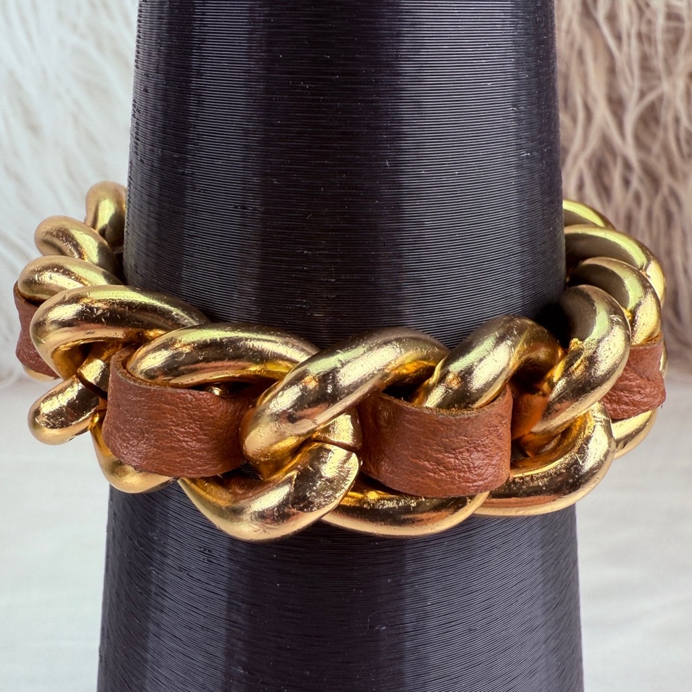Vintage goldtone chunky chain, brown woven bracelet - Picture 7 of 9